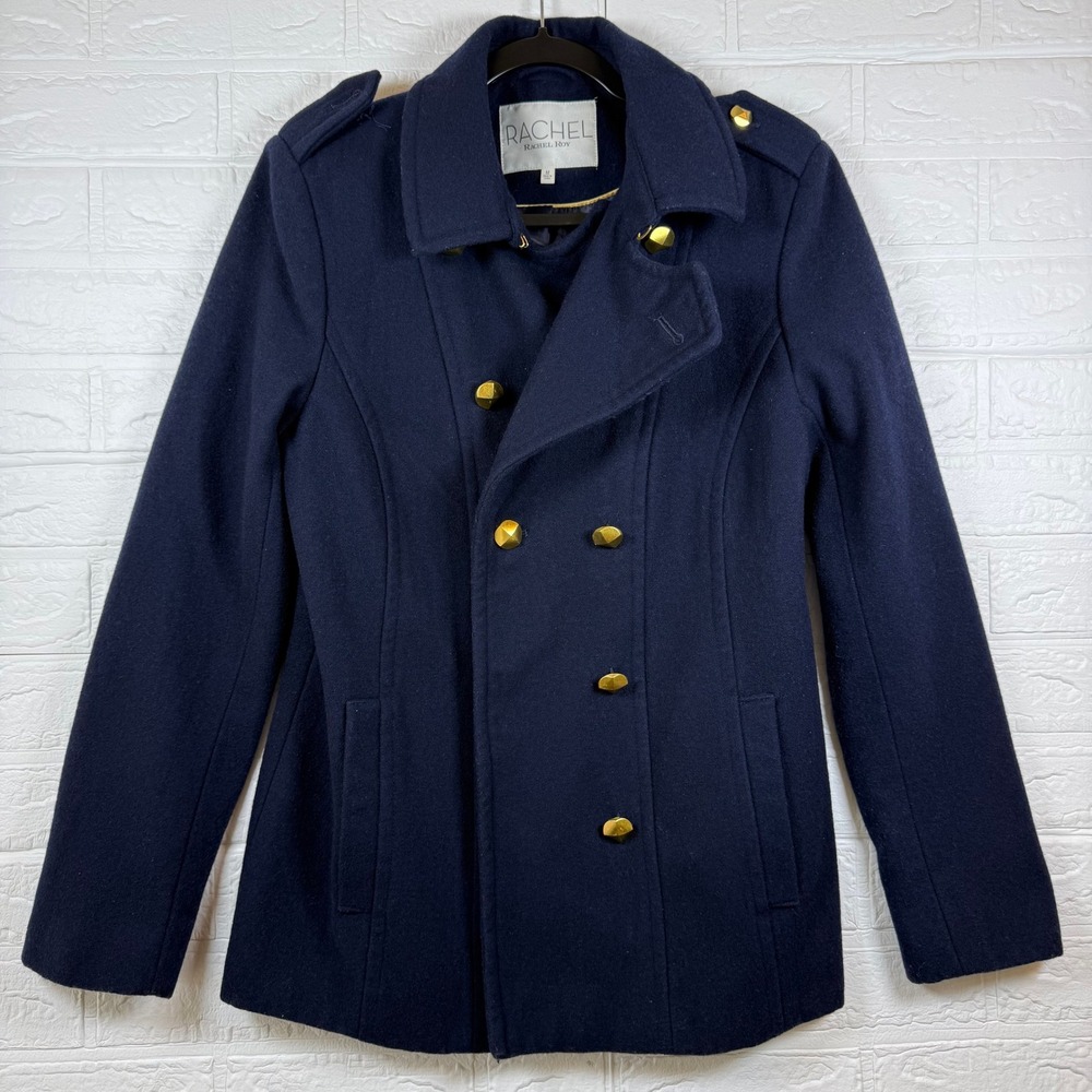 Rachel Rachel Roy Pea Coat Women Size M Navy Blue Gold Button Military Epaulet
